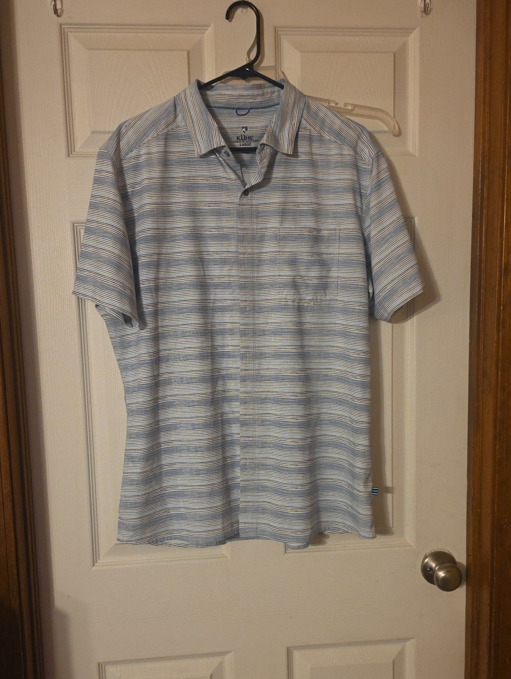 Kuhl Men's Short Sleeve Button-Down Shirt - Light Blue and White Stripe